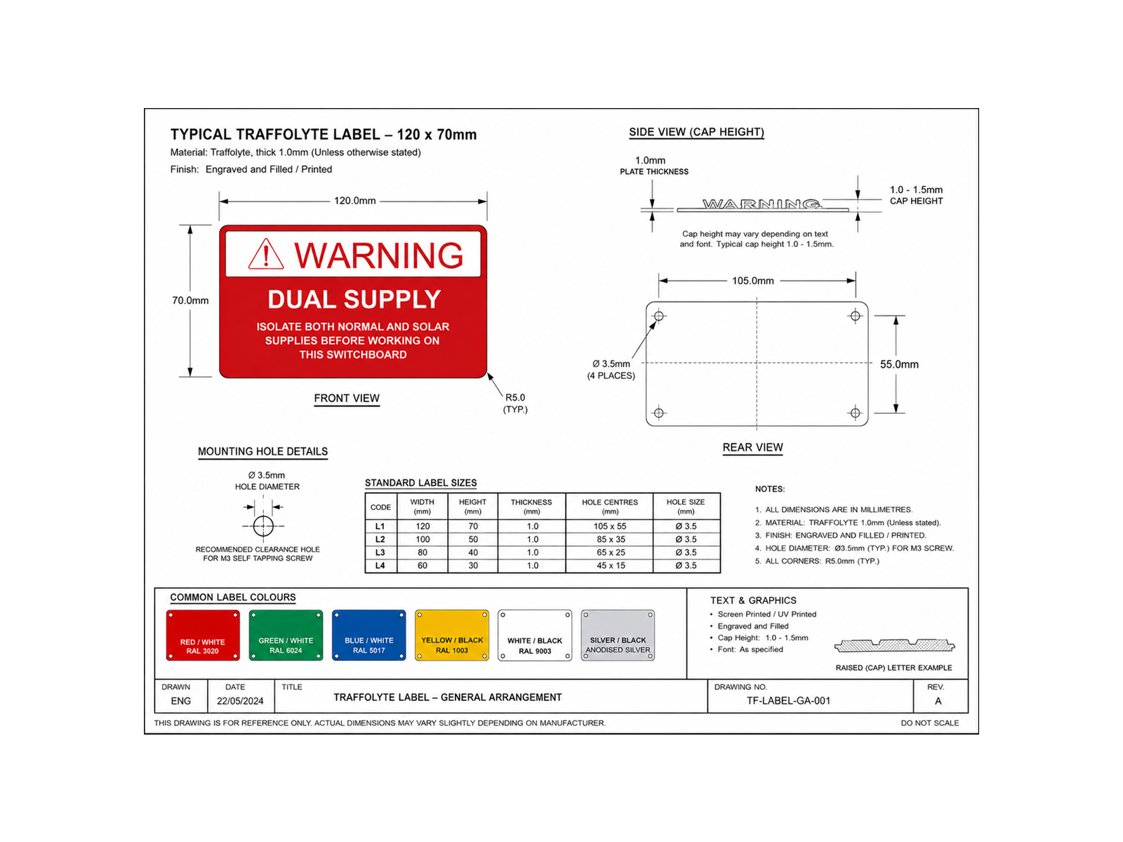 Technical general-arrangement drawing of a Traffolyte warning label with dimensions